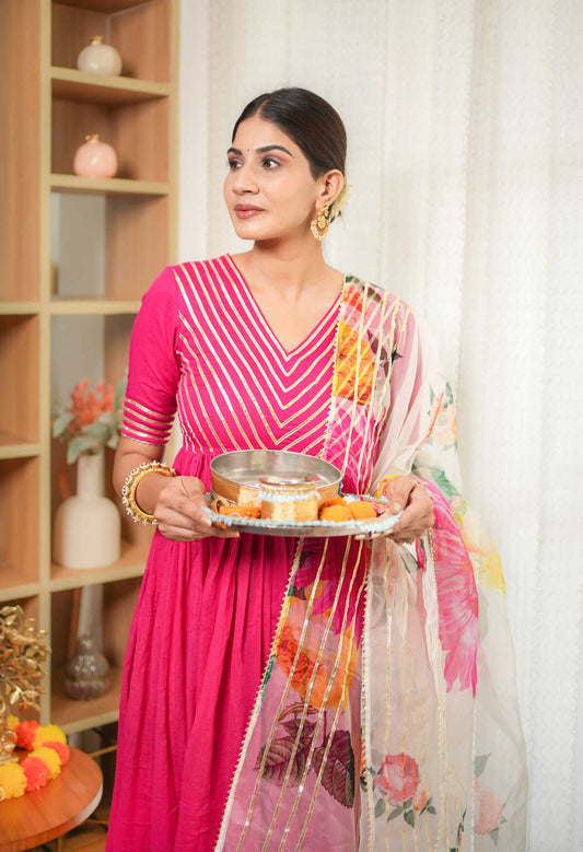 Pink Gher Suit With Printed Dupatta Set