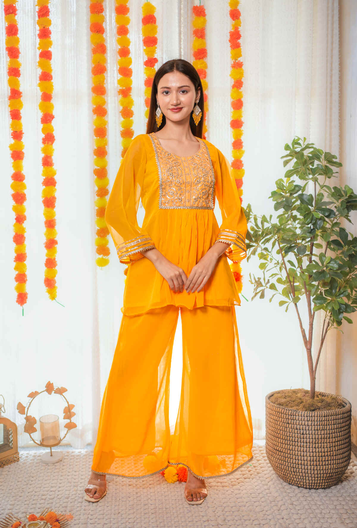 Yellow Gota Work Kurta With Sharara Set