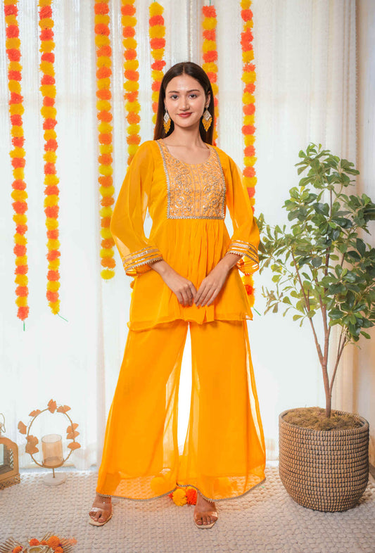 Yellow Gota Work Kurta With Sharara Set