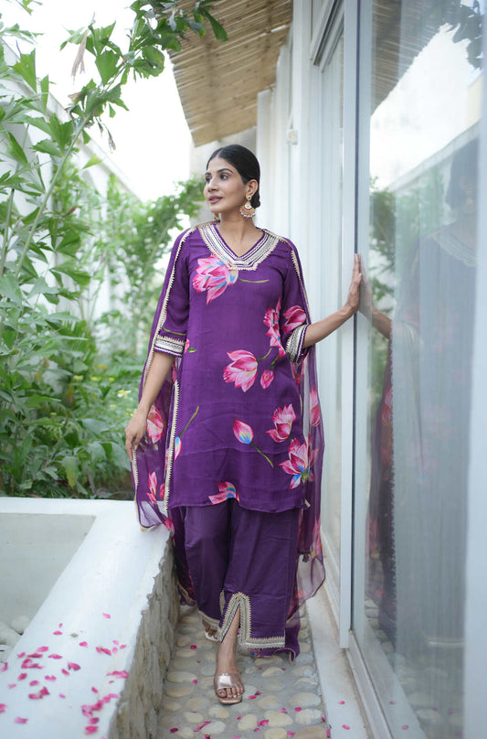 Purple Floral Printed Suit With Dupatta