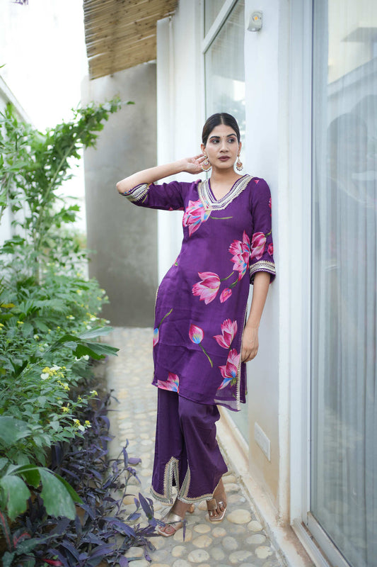 Purple Floral Printed Kurta Set