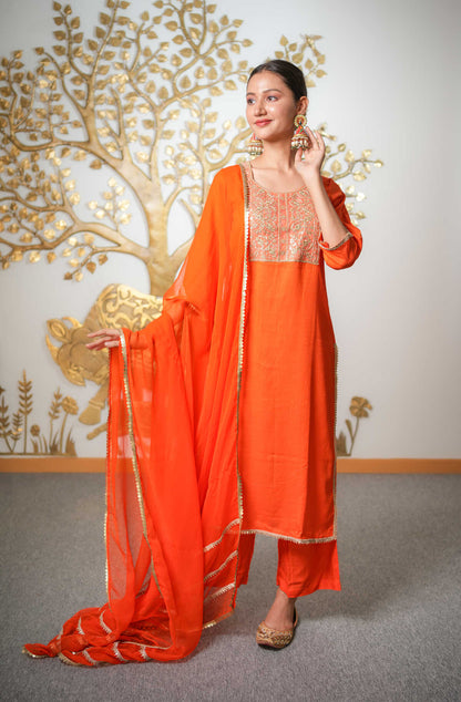 Orange Suit With Pant and Dupatta Set