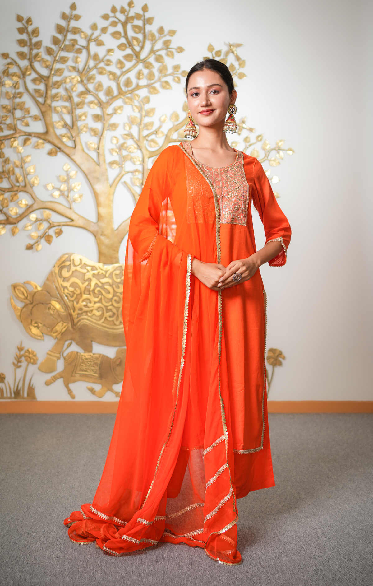 Orange Suit With Pant and Dupatta Set