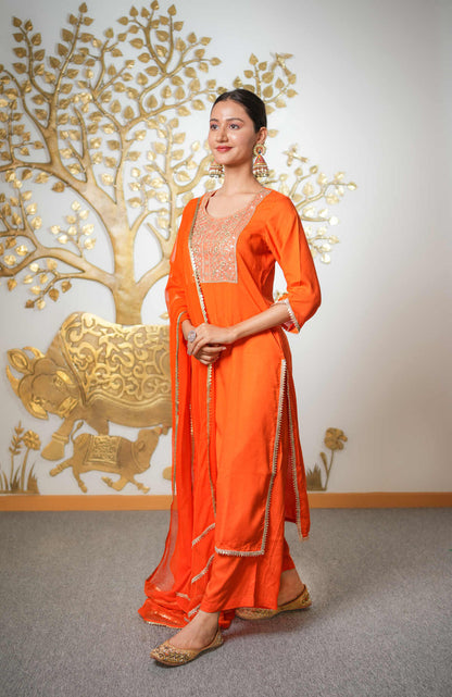 Orange Suit With Pant and Dupatta Set