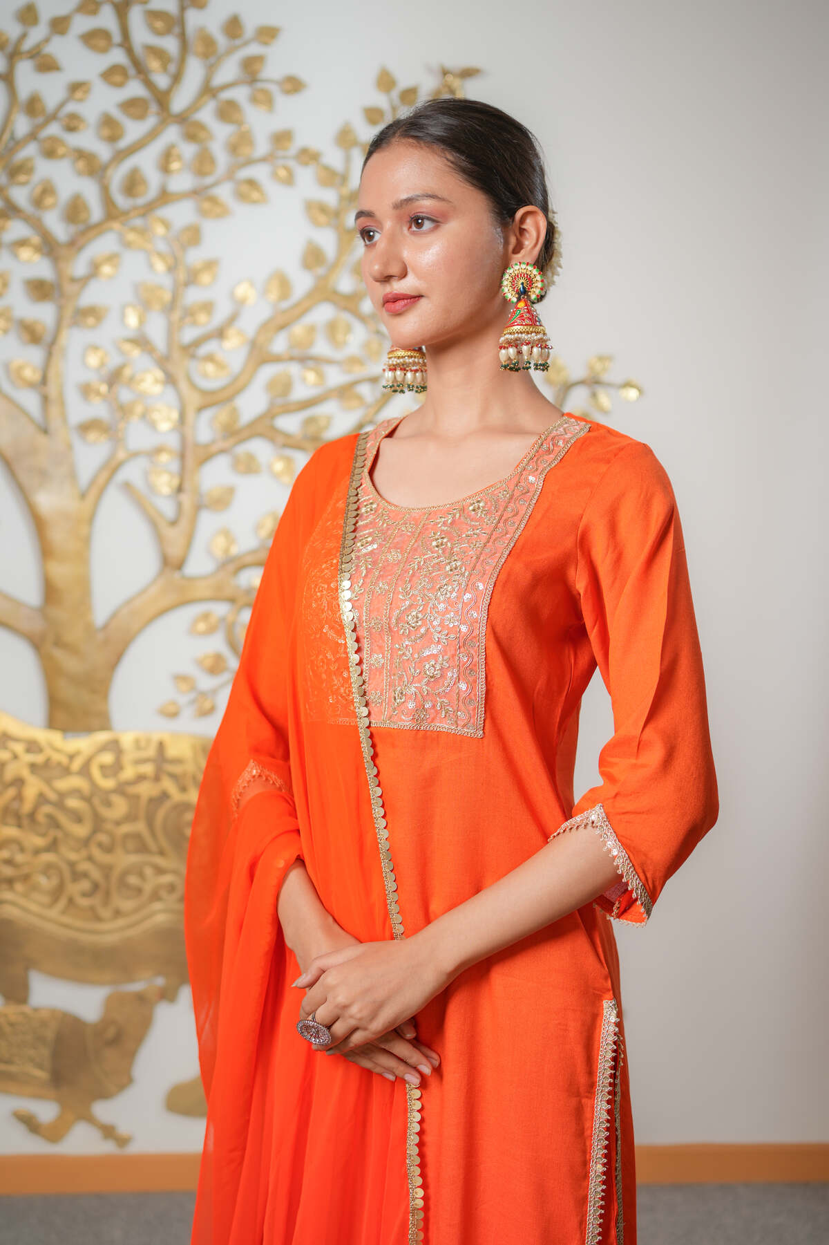 Orange Suit With Pant and Dupatta Set