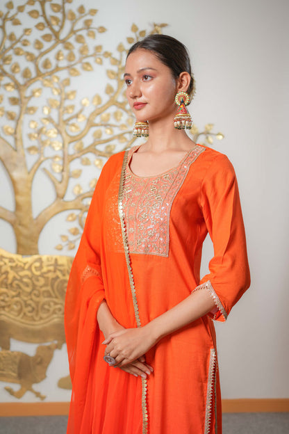 Orange Suit With Pant and Dupatta Set