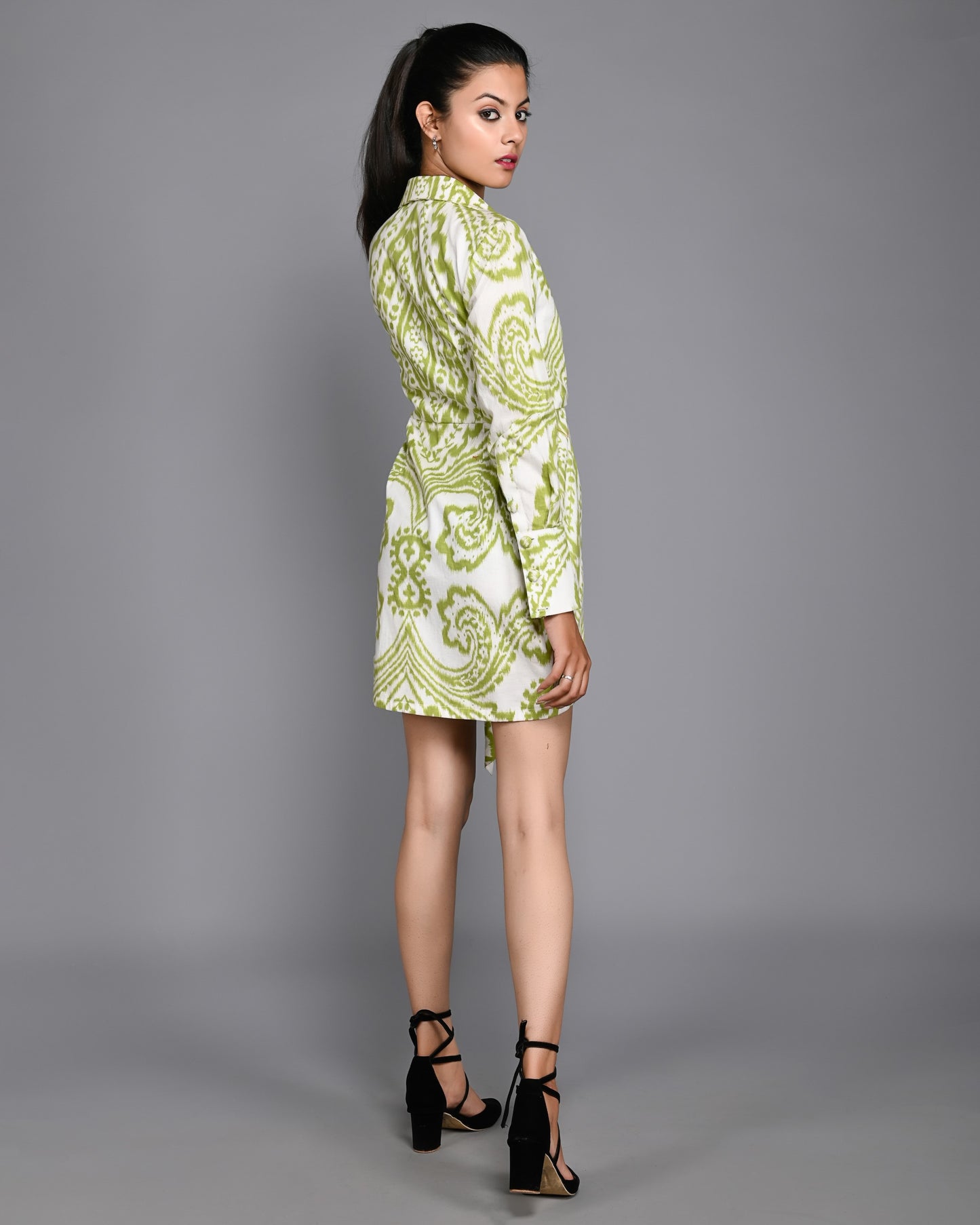 Green and White Printed Midi Dress with Full Sleeves