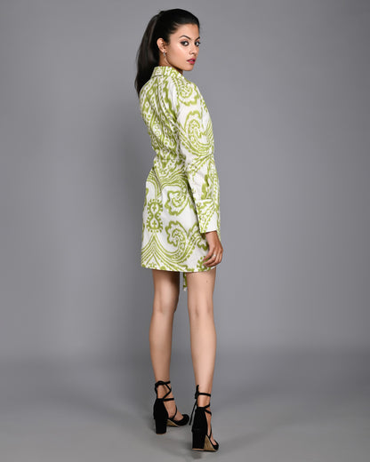 Green and White Printed Midi Dress with Full Sleeves