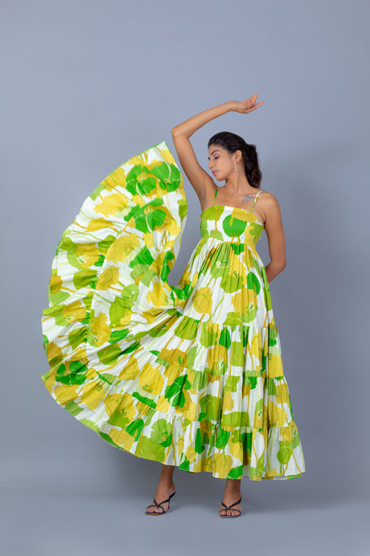 White and Green Floral Print Flared Maxi Dress