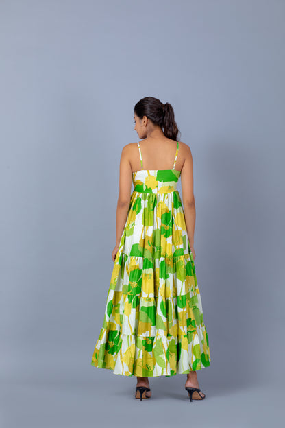 White and Green Floral Print Flared Maxi Dress