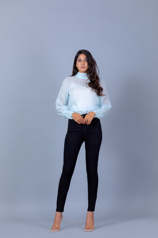 Blue Organza High Neck Top