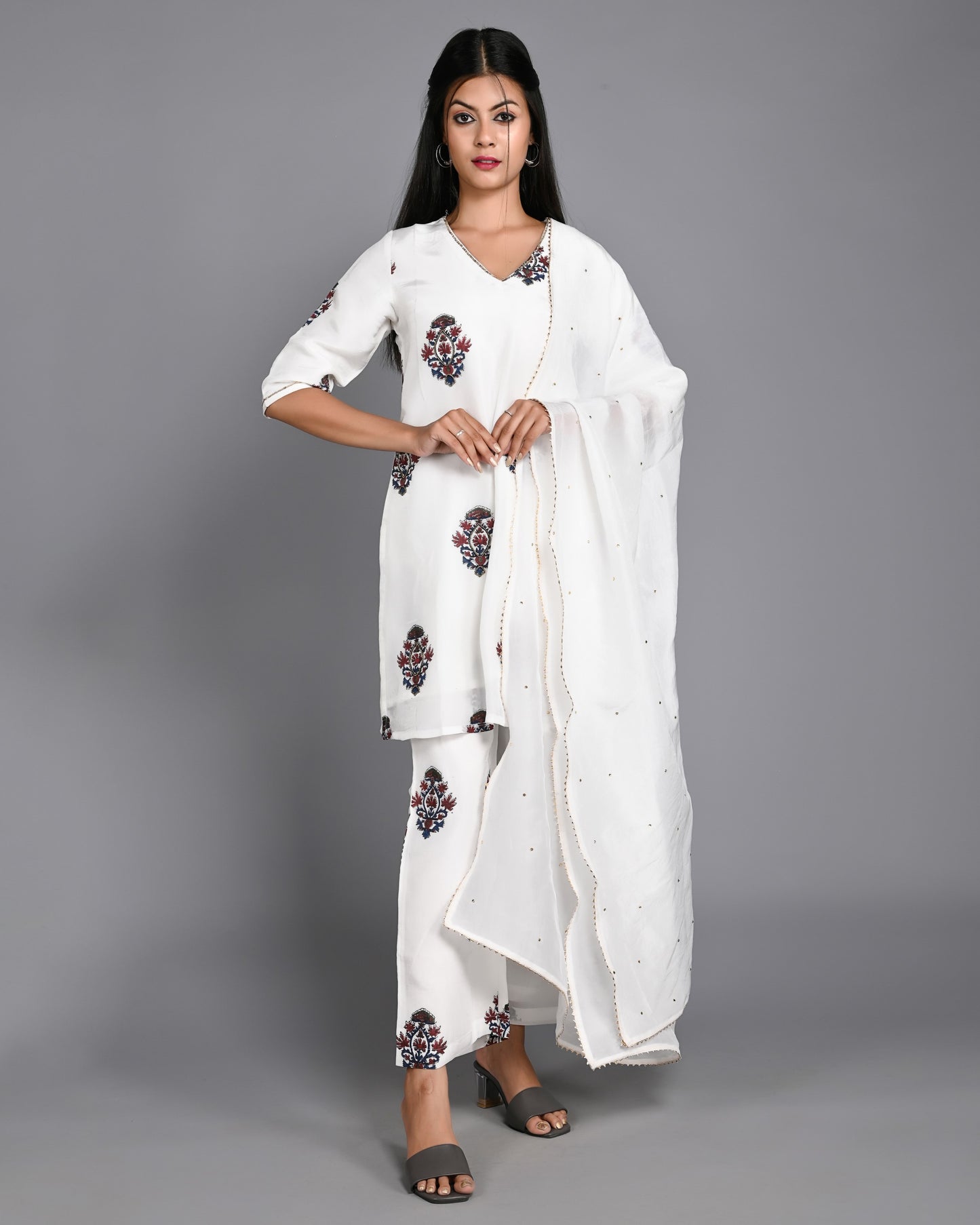 White Handblock Printed Short Kurta Suit Set