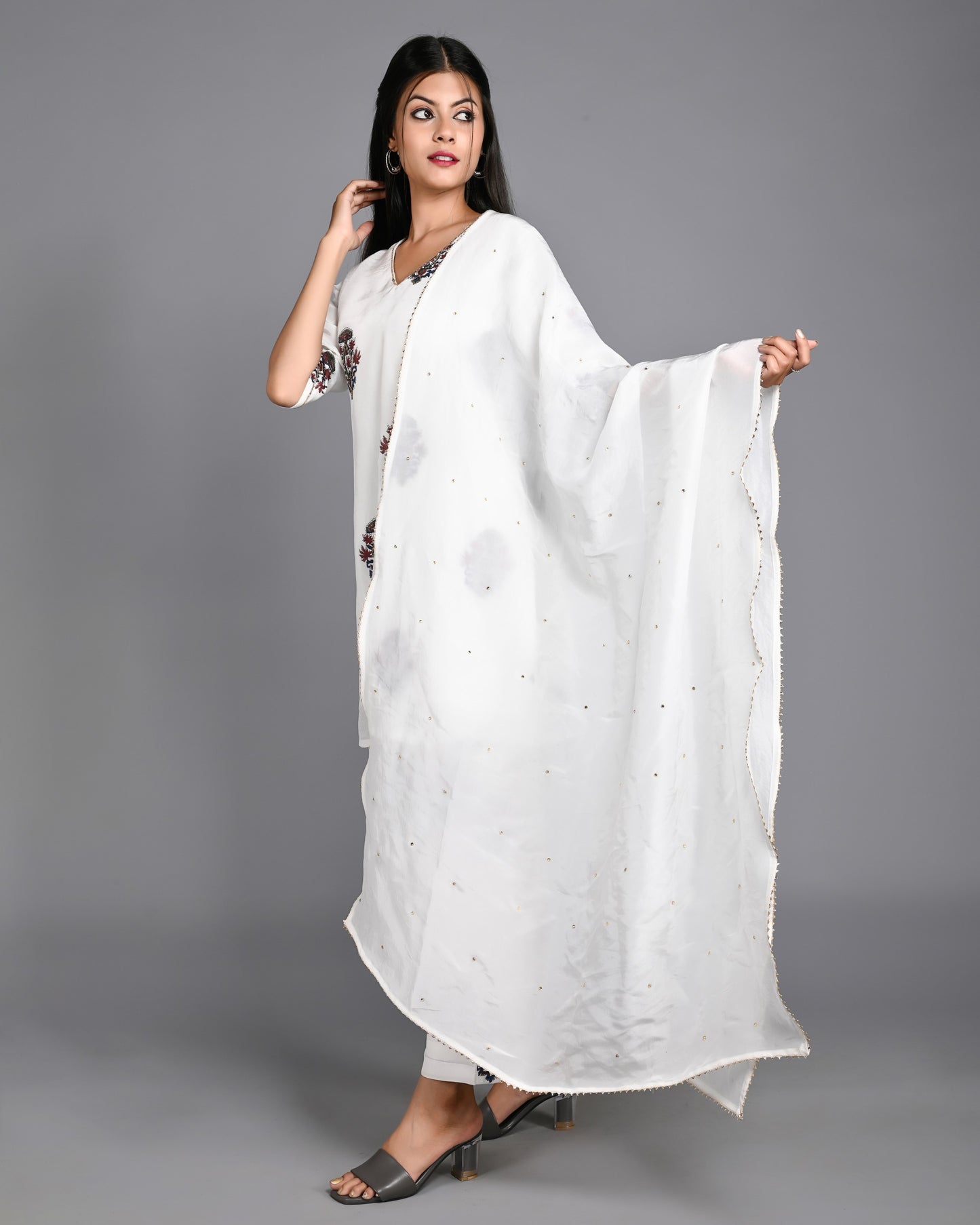 White Handblock Printed Short Kurta Suit Set