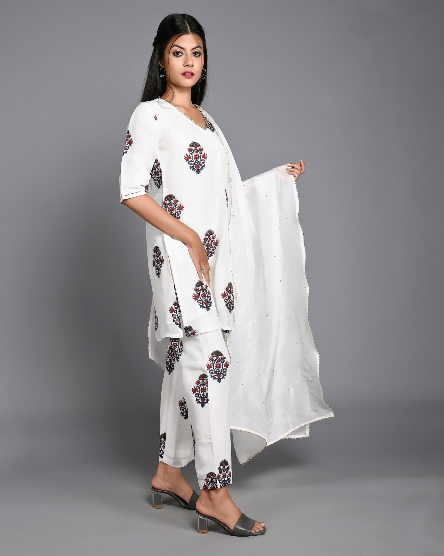 White Handblock Printed Short Kurta Suit Set