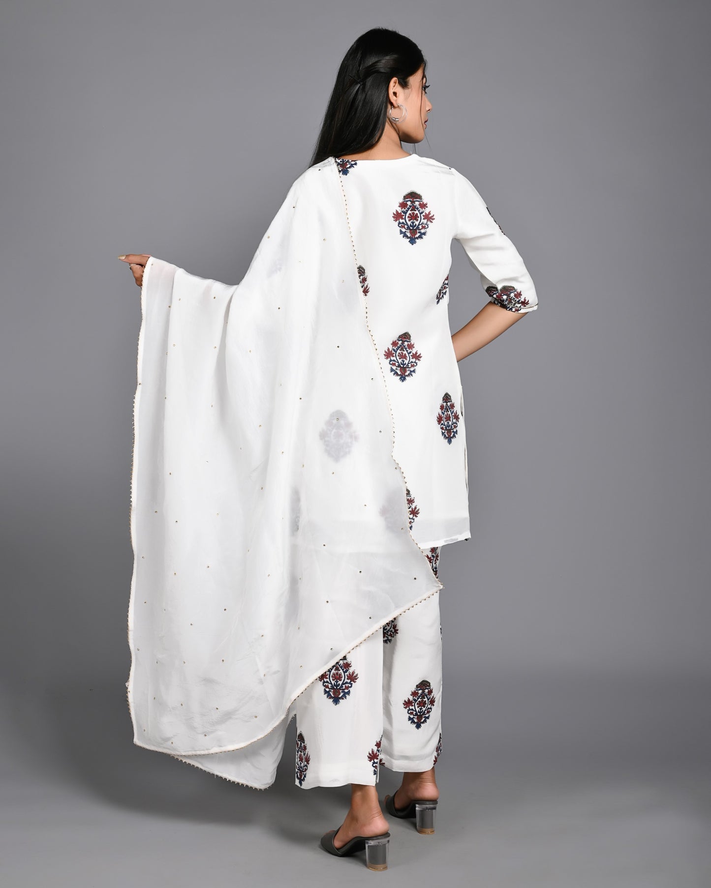 White Handblock Printed Short Kurta Suit Set