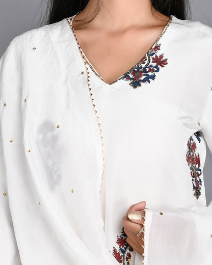 White Handblock Printed Short Kurta Suit Set