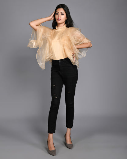 Golden Organza High Neck with Flared Sleeves Top