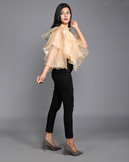 Golden Organza High Neck with Flared Sleeves Top