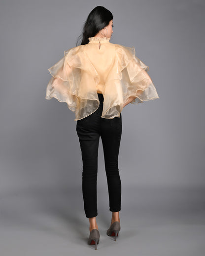 Golden Organza High Neck with Flared Sleeves Top
