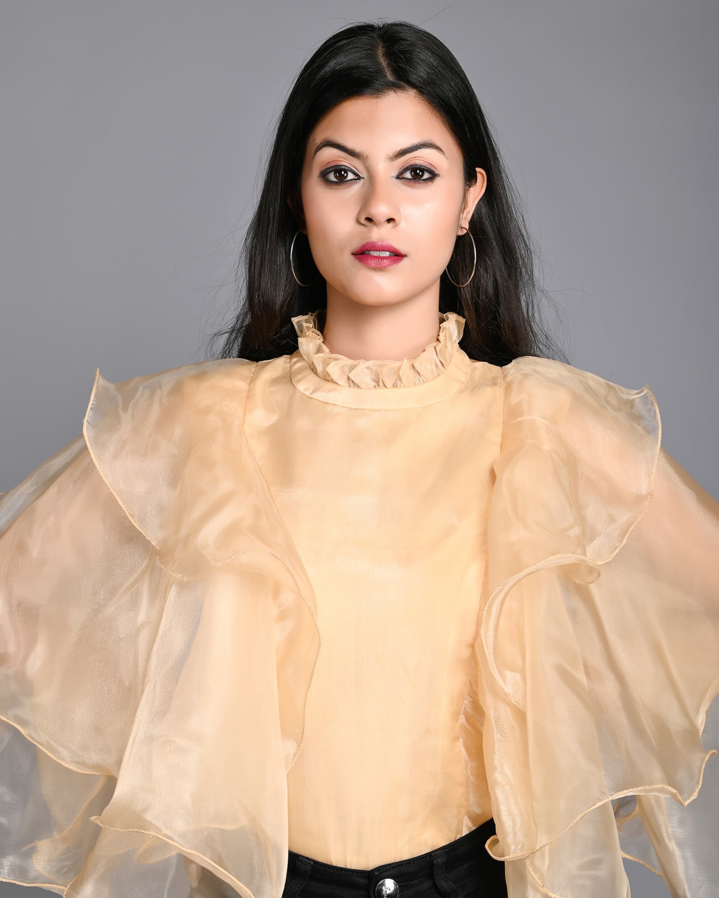 Golden Organza High Neck with Flared Sleeves Top