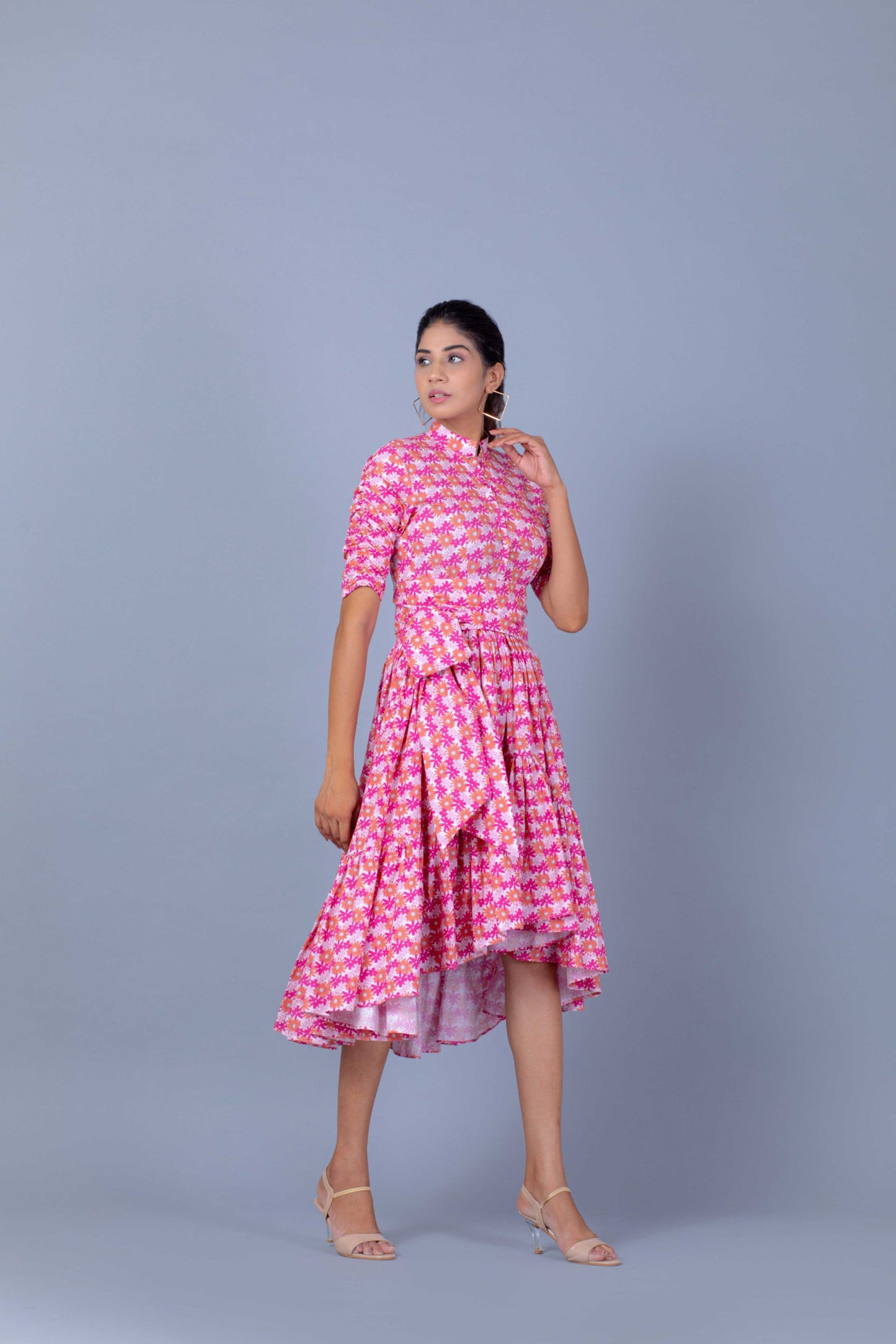 Pink Low-High Flared Midi Dress with Belt