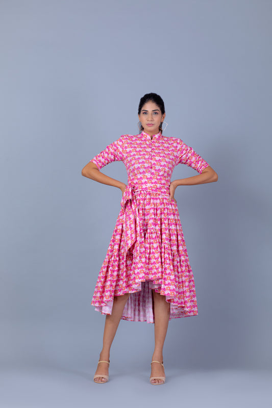 Pink Low-High Flared Midi Dress with Belt
