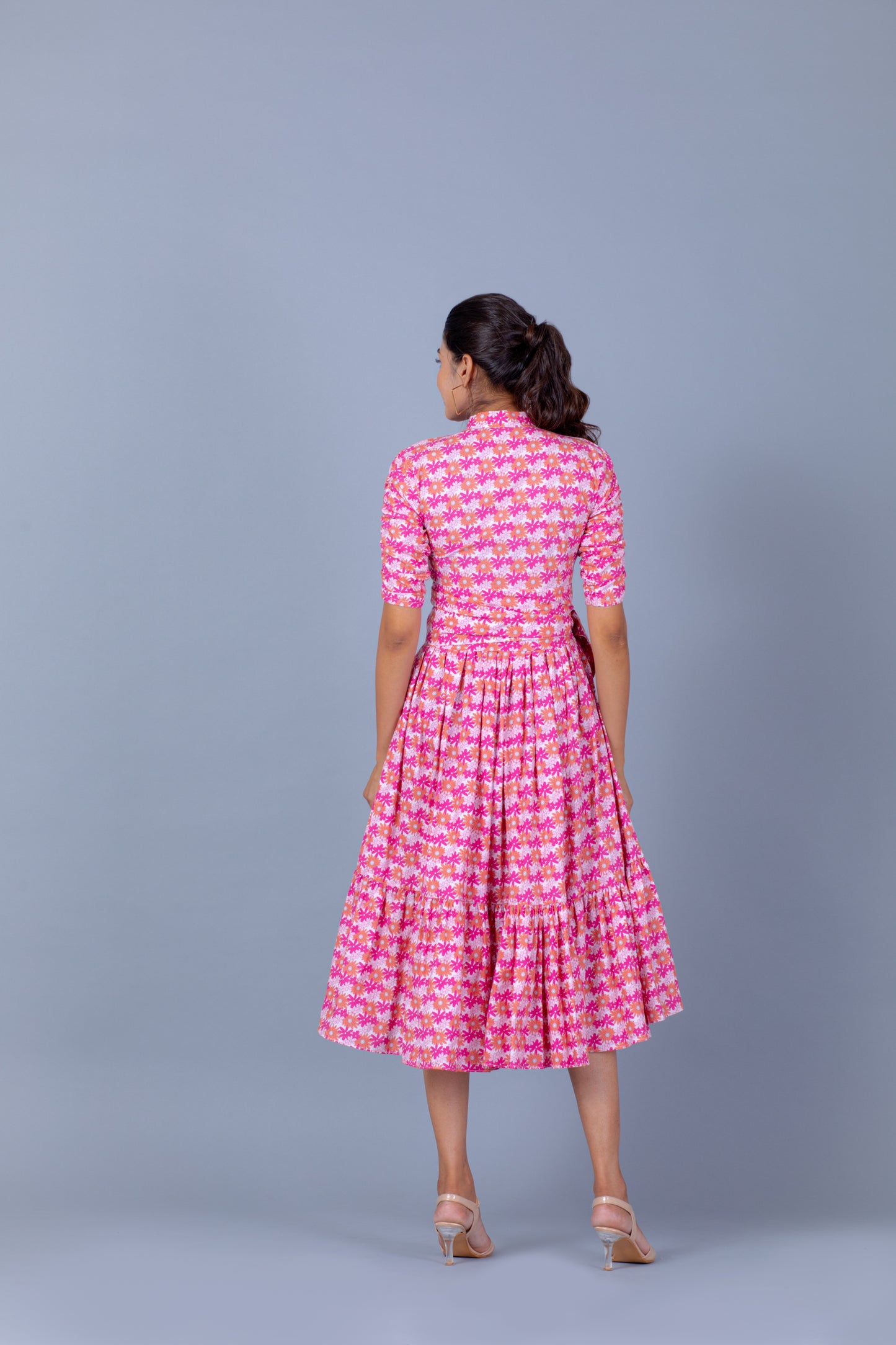 Pink Low-High Flared Midi Dress with Belt