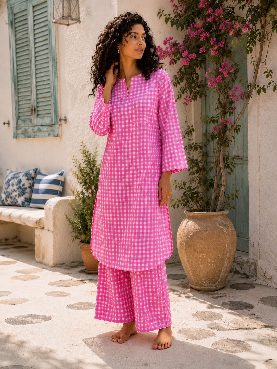 Pink checked kurta co-ord set