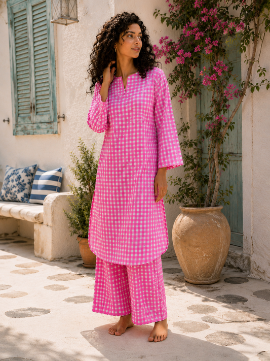 Pink checked kurta co-ord set