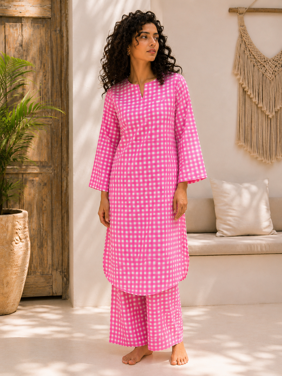 Pink checked kurta co-ord set