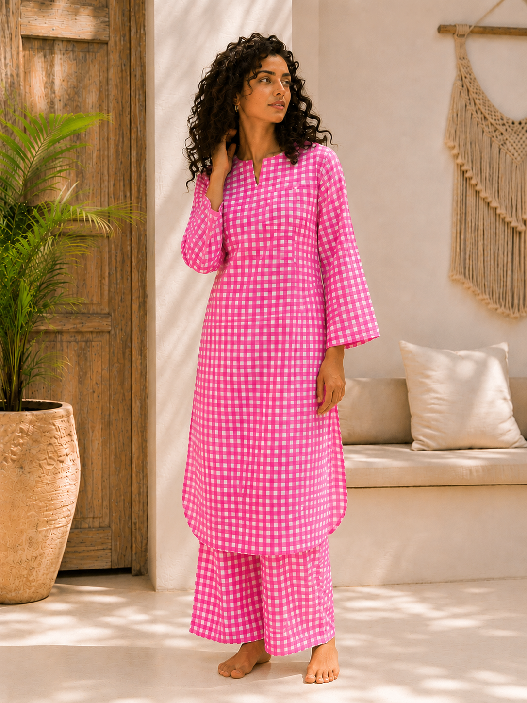 Pink checked kurta co-ord set