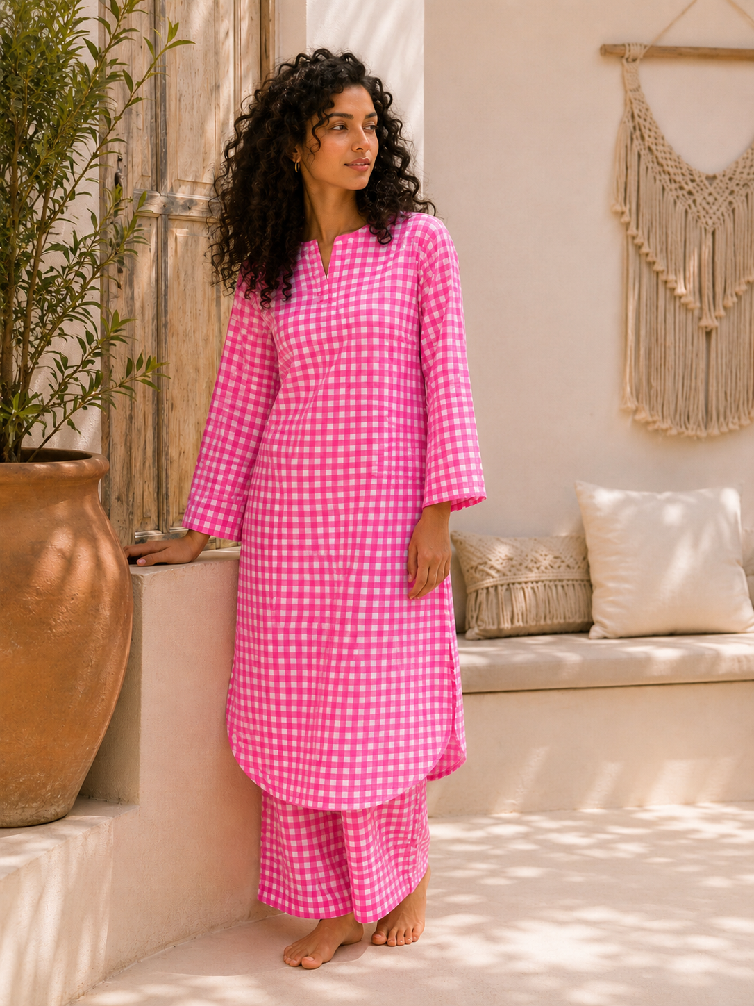 Pink checked kurta co-ord set