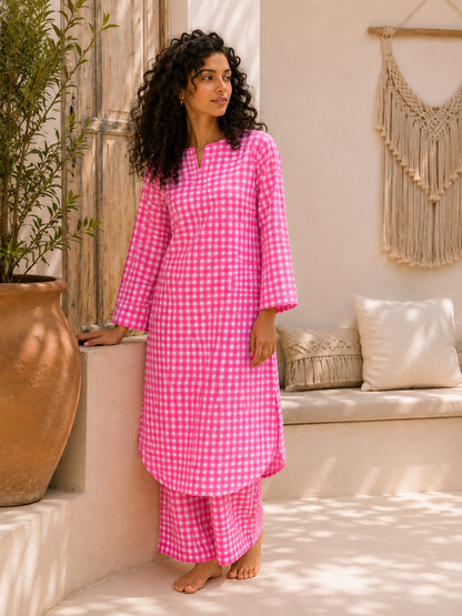 Pink checked kurta co-ord set