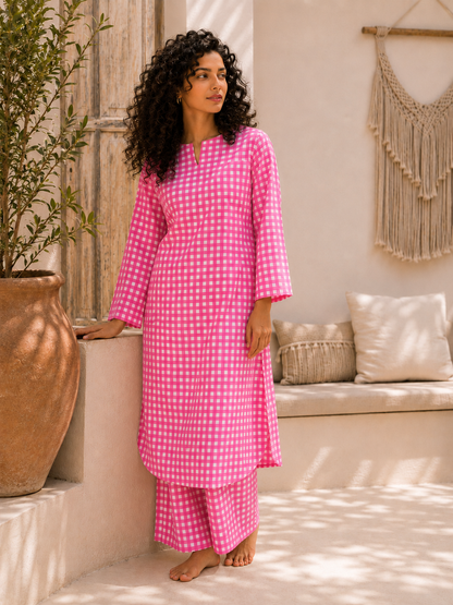 Pink checked kurta co-ord set