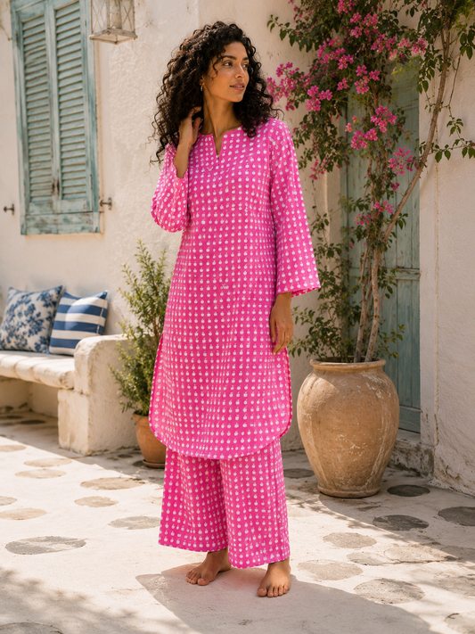 Pink checked kurta co-ord set