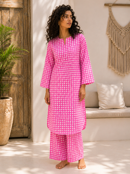 Pink checked kurta co-ord set