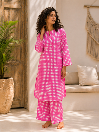 Pink checked kurta co-ord set