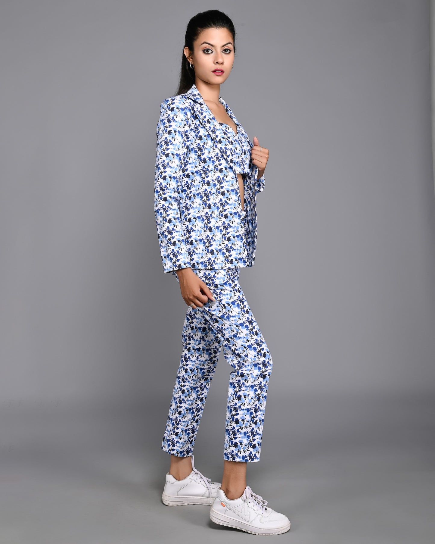Printed Co-ords Three Piece Pant Set with Blazer and Tube