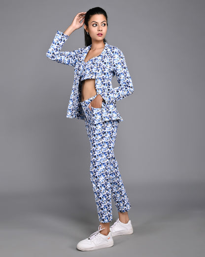 Printed Co-ords Three Piece Pant Set with Blazer and Tube