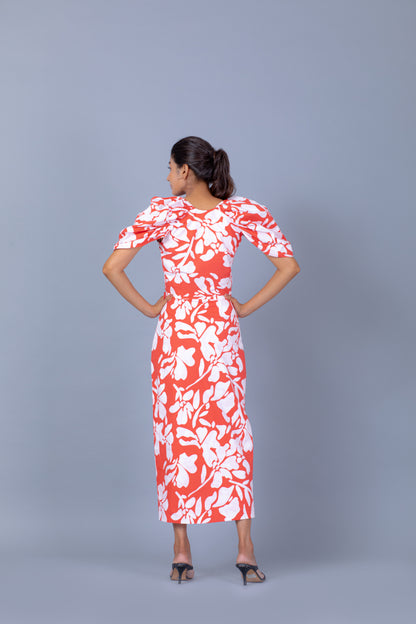 Red and White Printed Crop Shirt With Designer Sleeves