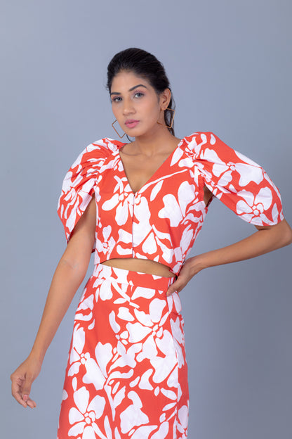 Red and White Printed Crop Shirt With Designer Sleeves