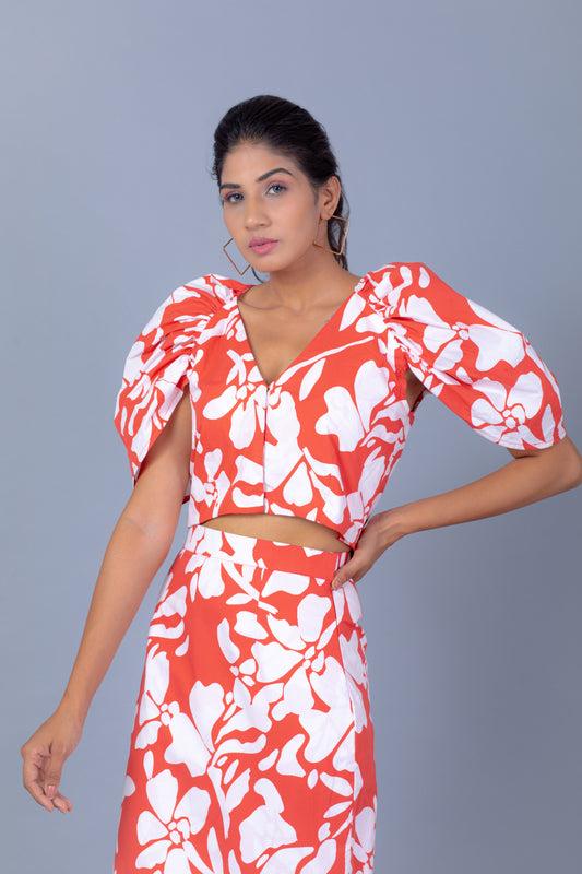 Red and White Printed Crop Shirt With Designer Sleeves