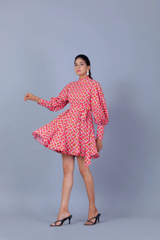 Retro Print Mini Dress with Belt and Voluminous Sleeves
