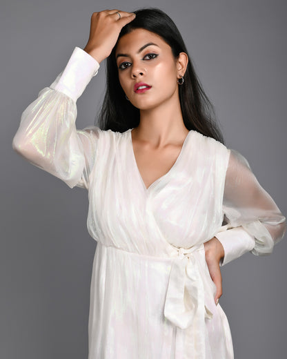 White Shimmer Silk Short Full Sleeves Dress