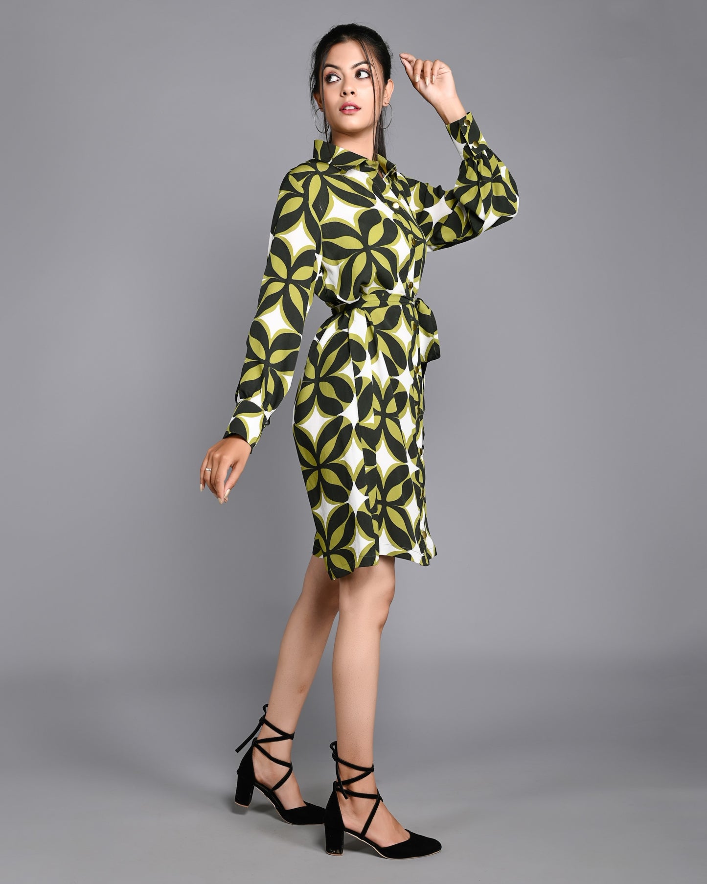 Printed Shirt Collar Dress With Belt