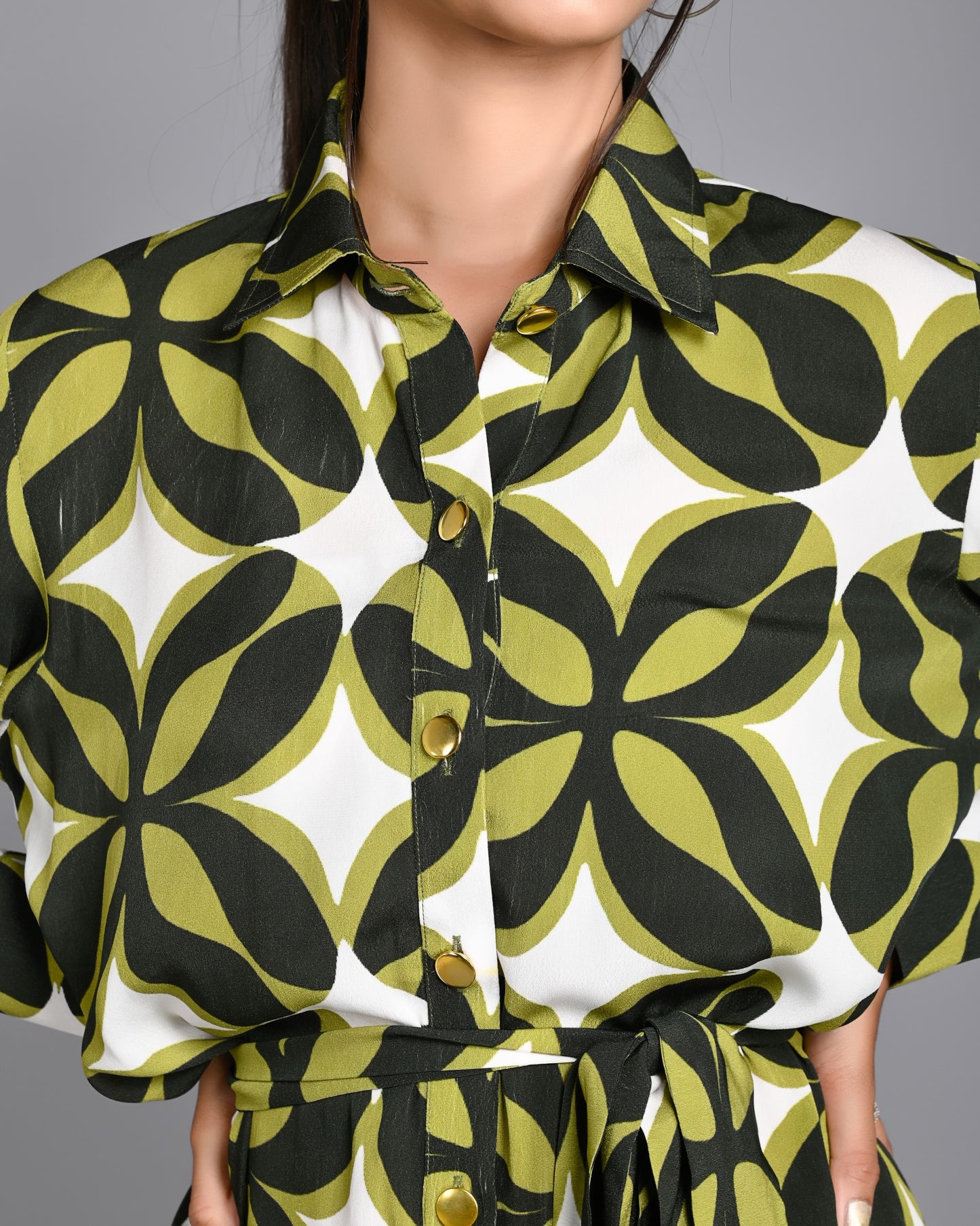 Printed Shirt Collar Dress With Belt