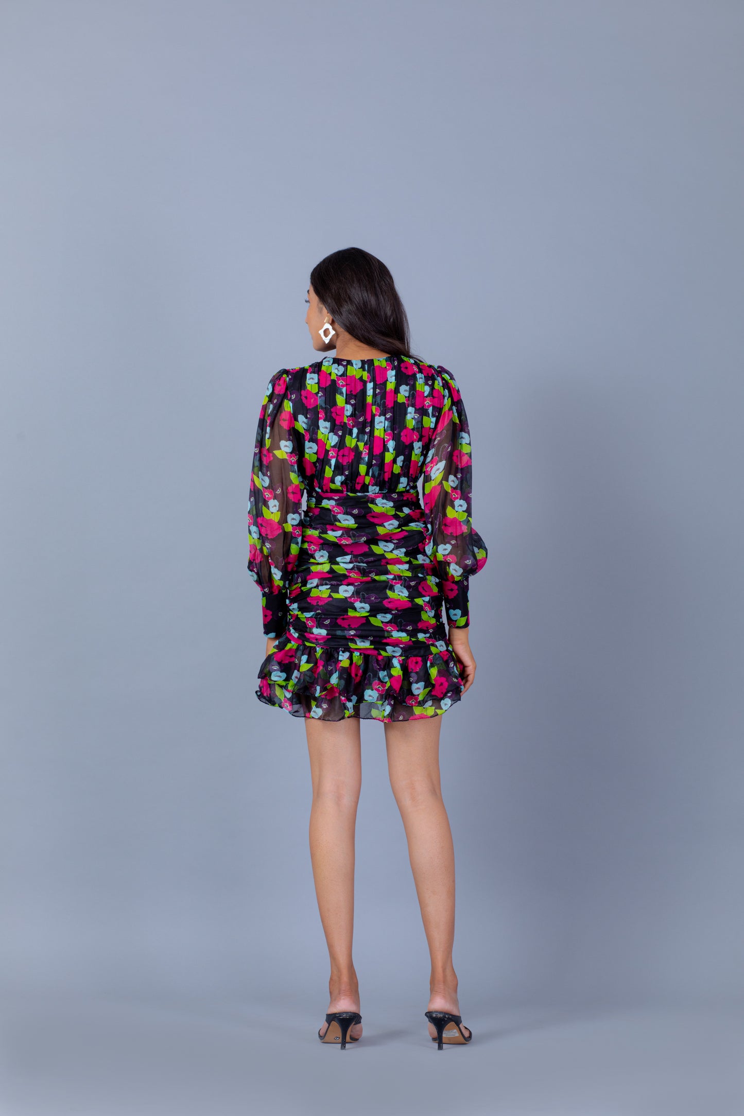 Black Floral Print Ruffled Mini Dress
