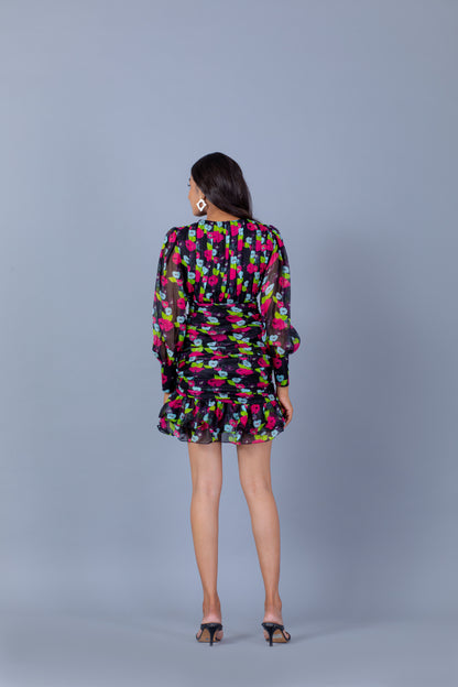 Black Floral Print Ruffled Mini Dress