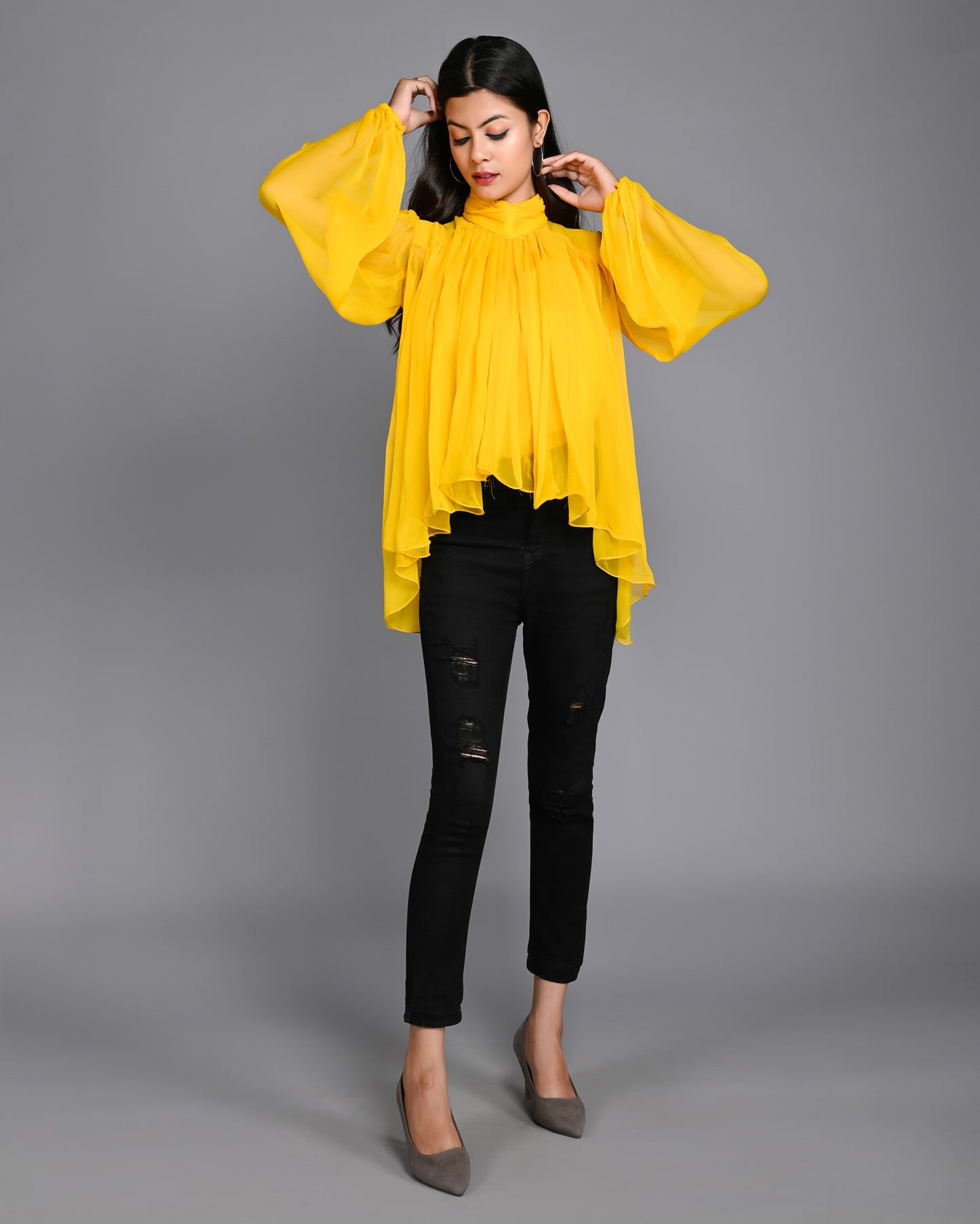 Yellow Full Gathered High Neck Chiffon Top