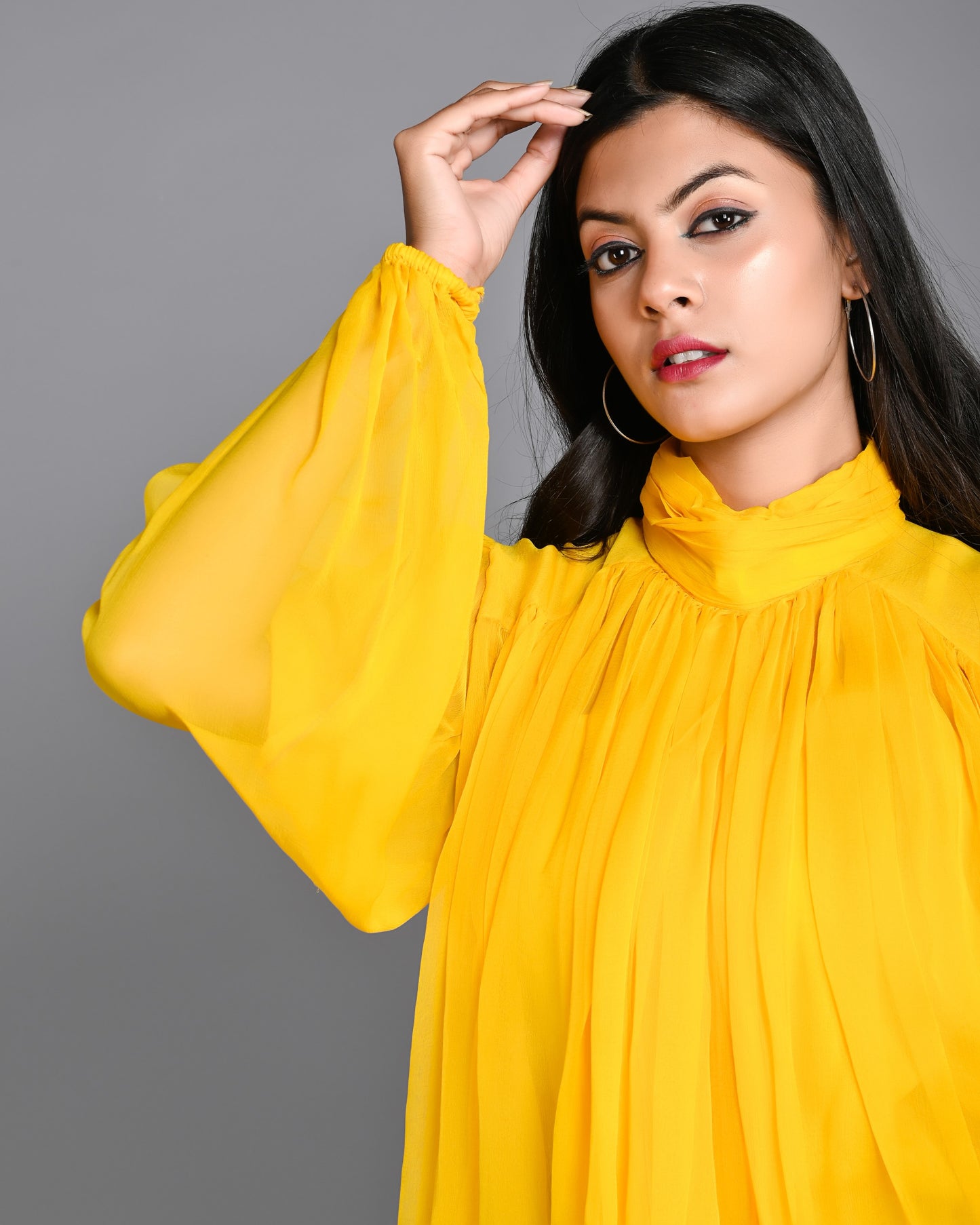 Yellow Full Gathered High Neck Chiffon Top